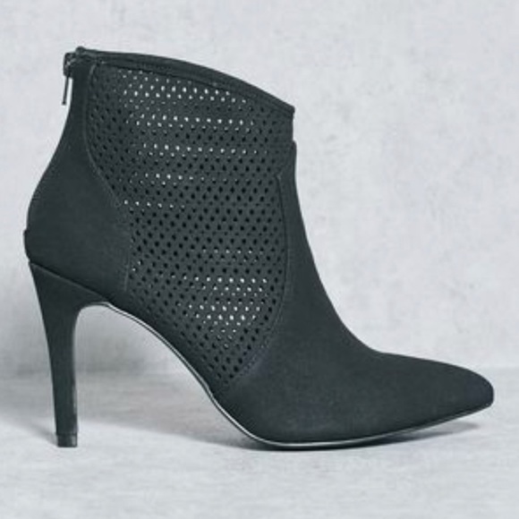 Black Perforated Stiletto Pointy Toe Ankle Booties - Picture 3 of 4